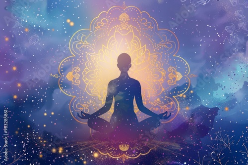 A human silhouette in a meditative pose, surrounded by ethereal light and cosmic symbols, embodying personal transformation and divine connection photo