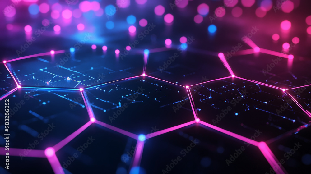 Abstract hexagonal grid with glowing neon pink and blue lines, on a dark gradient background, representing a dynamic and high-tech digital network. Abstract hexagonal grid with glowing neon pink and blue lines, on a dark gradient background, representing a dynamic and high-tech digital network.