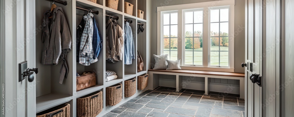 Minimalist Scandinavian mudroom with built-in storage solutions, a stone floor, and a clean, functional design for organizing outdoor attire Minimalist Scandinavian mudroom with built-in storage solutions, a stone floor, and a clean, functional design for organizing outdoor attire