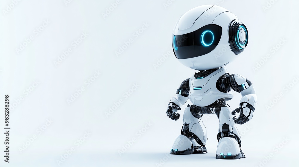 A small white robot with blue eyes stands on a white background. A small white robot with blue eyes stands on a white background.