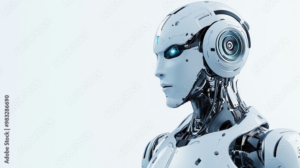A realistic-looking white humanoid robot with blue glowing eyes. A realistic-looking white humanoid robot with blue glowing eyes.