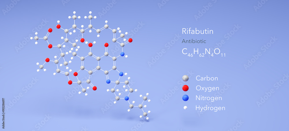 rifabutin molecule, molecular structure, antibiotic, 3d model, Structural Chemical Formula and Atoms with Color Coding rifabutin molecule, molecular structure, antibiotic, 3d model, Structural Chemical Formula and Atoms with Color Coding