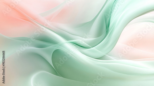 Soft fluid waves of mint green and light pink flowing gently together, creating a smooth, abstract background with soft shapes.