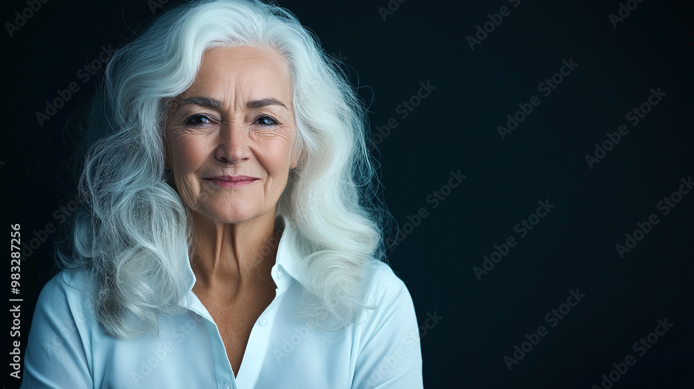 Portrait of an elderly woman with long white hair smiling against a dark background Portrait of an elderly woman with long white hair smiling against a dark background