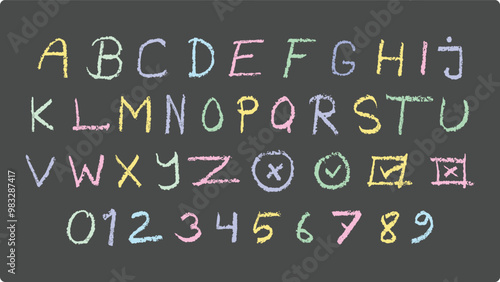 Colored numbers and letters alphabet. Kids draw colorful alphabet. Vector illustration