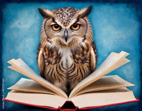 Wallpaper Mural Wisdom and education concept image with a wise owl reading a book on blue background with copy space Torontodigital.ca