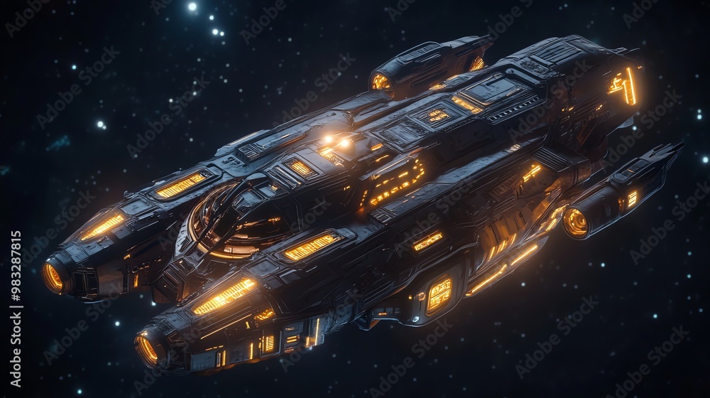 Naklejka premium Futuristic spaceship with glowing lights in outer space.