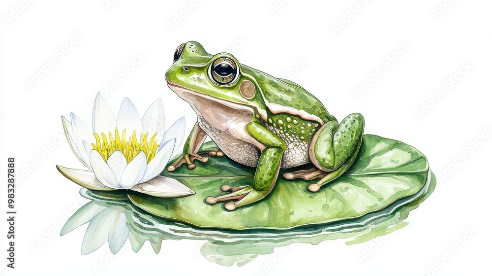 Obraz premium A detailed illustration of a green frog sitting on a lily pad beside a beautiful water lily, representing tranquility and nature.