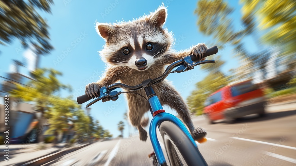 Fototapeta A raccoon joyfully rides a bicycle along a sunny city street filled with trees and parked cars during the afternoon