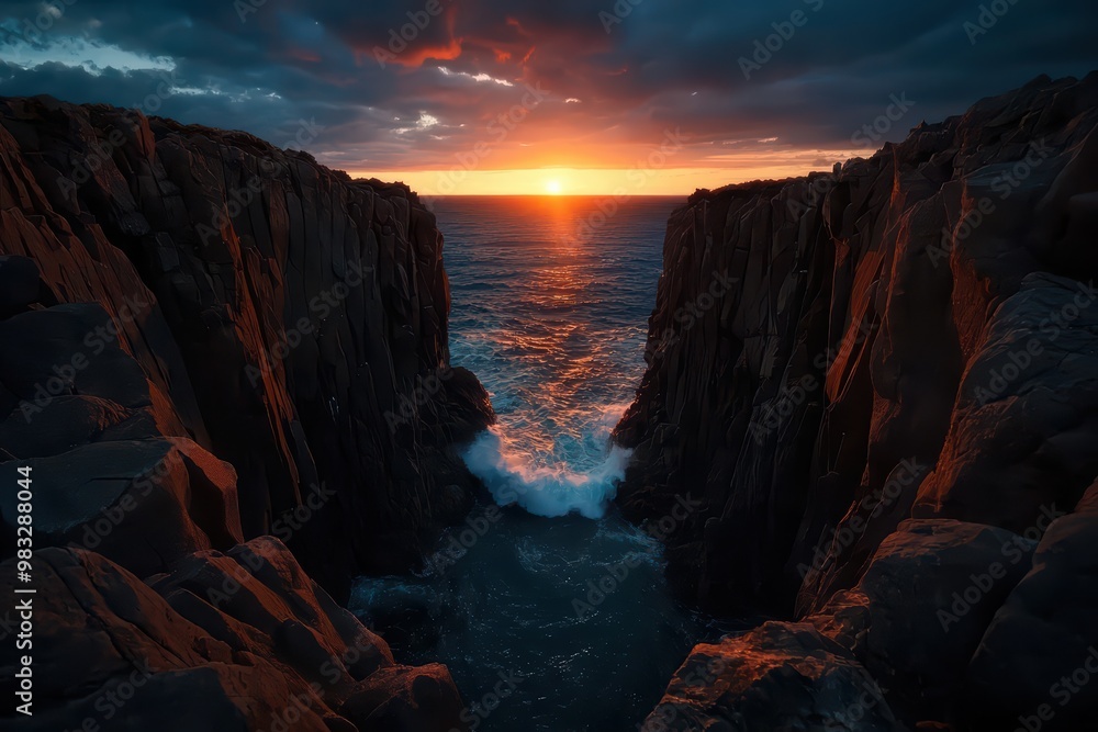 Fototapeta premium A dramatic sunset over a rocky coastline, illuminating the waves crashing in the chasm, creating a breathtaking seascape.