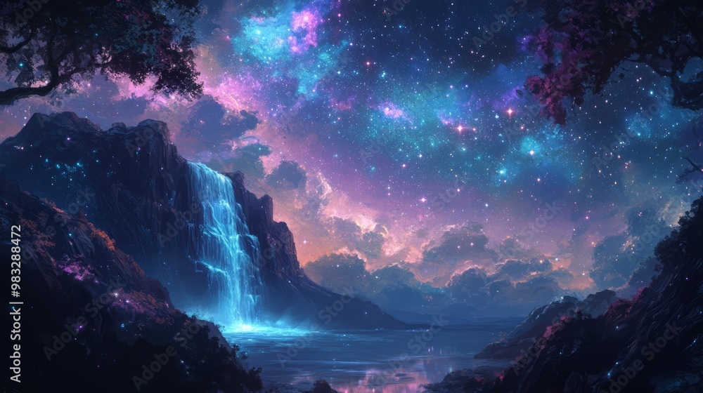 Fototapeta premium Mystical Waterfall Under Starry Night Sky