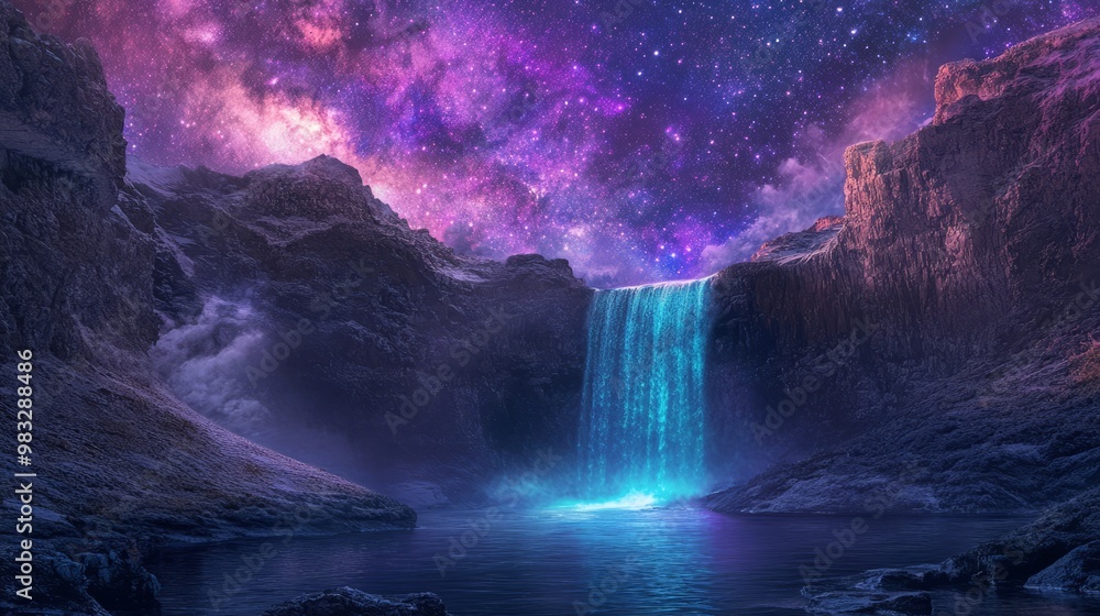 Fototapeta premium Dreamy Cosmic Waterfall Under a Starry Sky