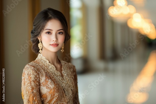 A Portrait of a Woman Wearing Traditional Southeast Asian Attire photo