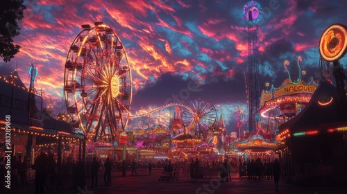 Vibrant Carnival Scene at Dusk with Illuminated Rides photo