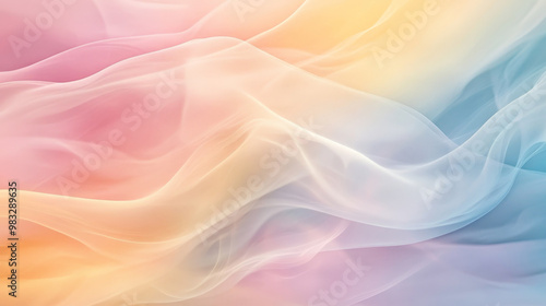 Wisps of soft pastel smoke in shades of pink, yellow, and blue blend seamlessly, creating a soothing, flowing abstract background with gentle movement.