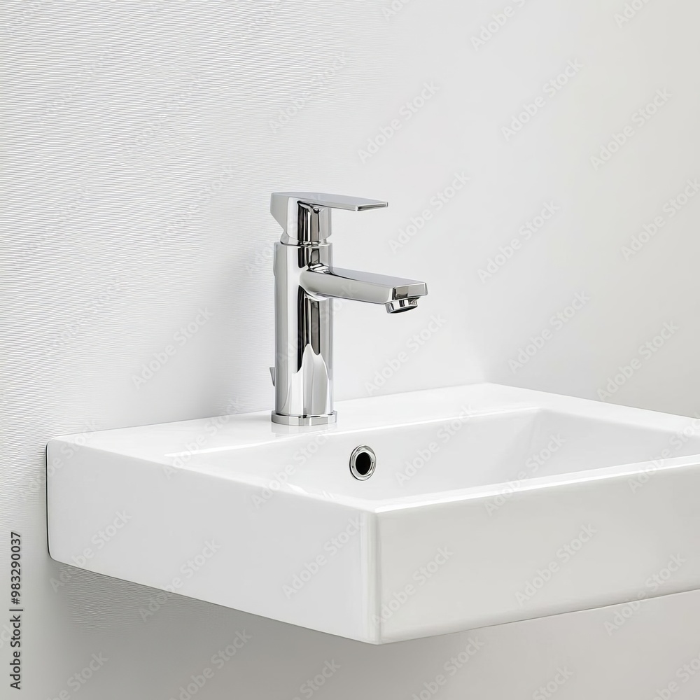 Wall-mounted chrome faucet in a minimalist white sink, minimalist bathroom fixtures, clean modern functionality Wall-mounted chrome faucet in a minimalist white sink, minimalist bathroom fixtures, clean modern functionality