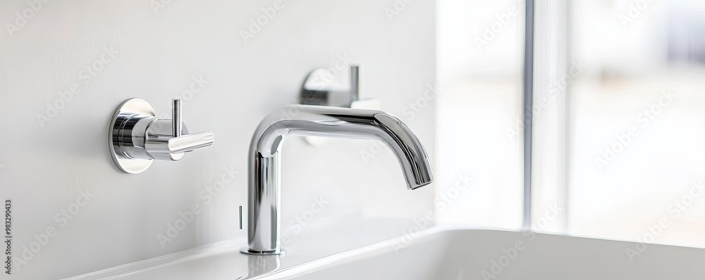 Wall-mounted chrome faucet with minimalist handles, mounted above a simple sink, minimalist bathroom fixtures, sleek function Wall-mounted chrome faucet with minimalist handles, mounted above a simple sink, minimalist bathroom fixtures, sleek function