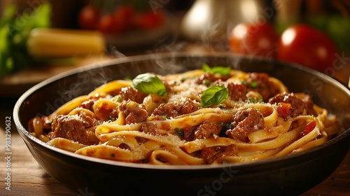 A rustic pan of pasta, marinated meat, and fresh basil glows in a cozy kitchen's sunlight.