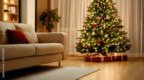 A christmas tree in a living room with presents underneath it, AI