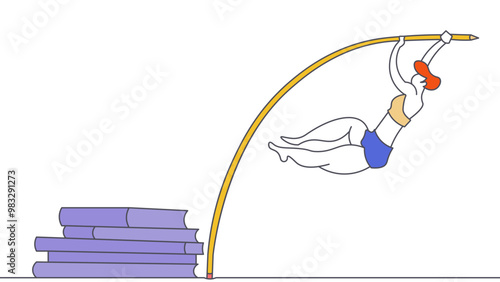 Write Acro bating over books using pole vault Flat design