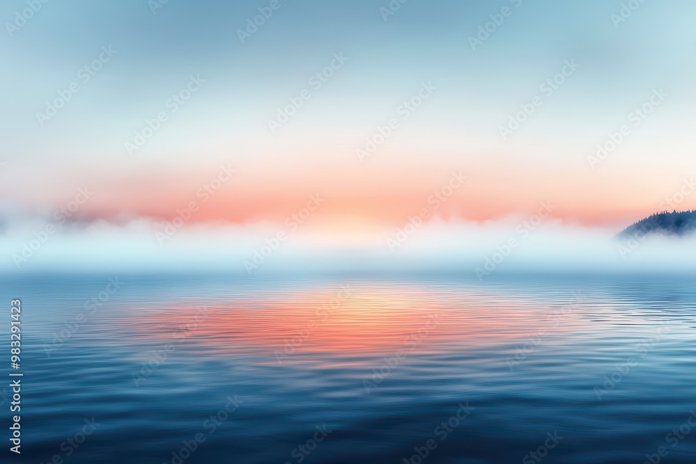 Obraz premium A tranquil scene of a foggy river at sunrise, reflecting soft colors on the water for a serene atmosphere.