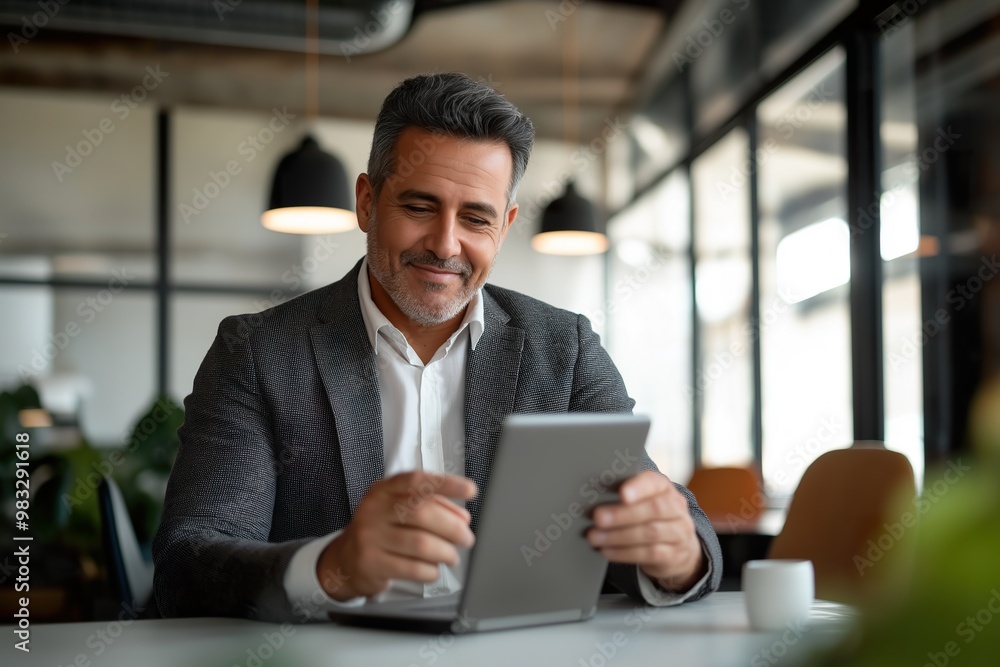Aged Hispanic business professional using a tablet in a modern office environment Aged Hispanic business professional using a tablet in a modern office environment