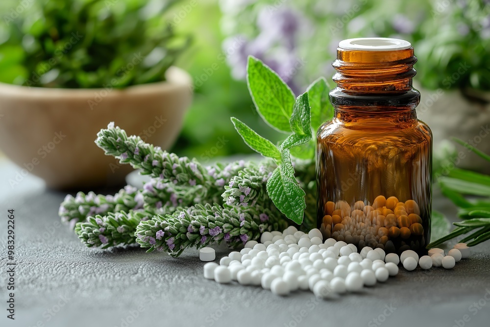Exploring homeopathic healthcare with natural remedies and herbal ingredients in a serene setting Exploring homeopathic healthcare with natural remedies and herbal ingredients in a serene setting