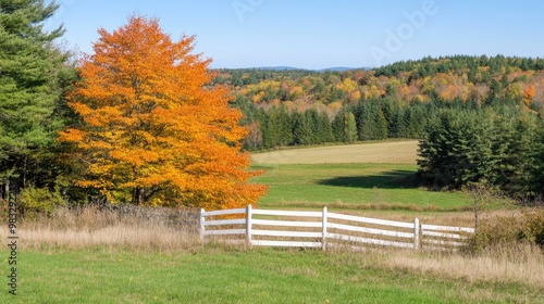 A beautiful horse pasture features a white wooden fence, surrounded by colorful trees in vibrant fall hues against a backdrop of rolling hills under a cloudy sky