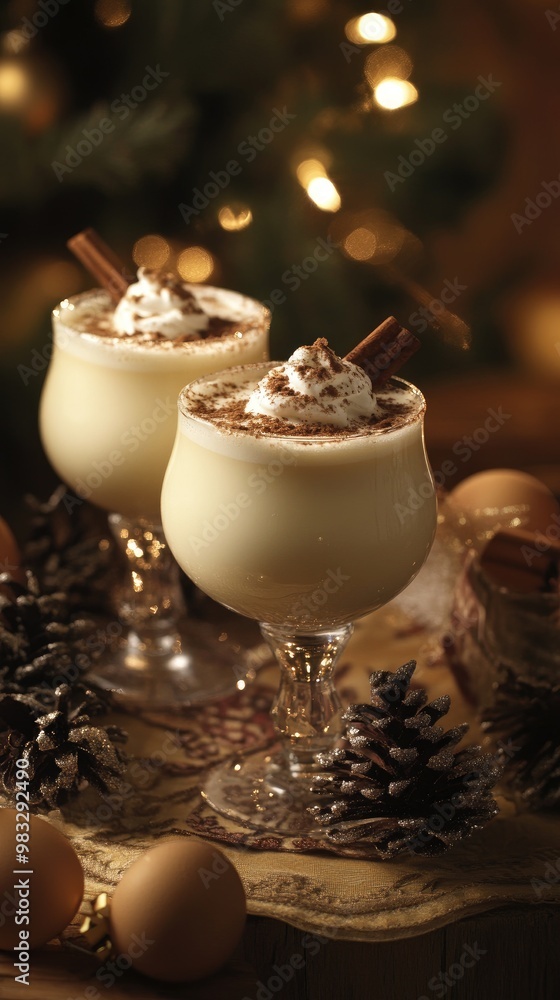vertical format, Indulgent holiday eggnog served in elegant glasses surrounded by festive decorations and warm ambient lighting vertical format, Indulgent holiday eggnog served in elegant glasses surrounded by festive decorations and warm ambient lighting