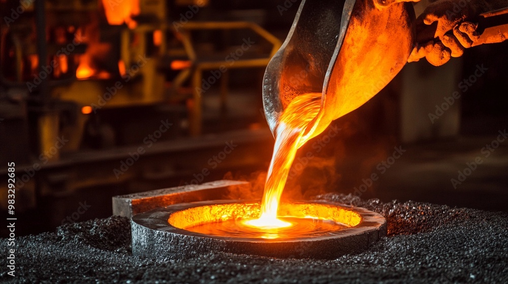 Foundry worker pouring molten metal into mold - Intense heat and precision in metalworking. Foundry worker pouring molten metal into mold - Intense heat and precision in metalworking.