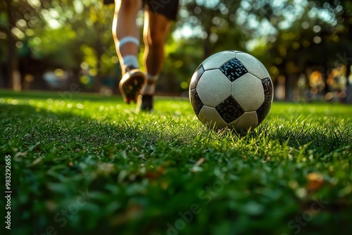 Player kicking a classic football on green grass in a sunlit park during a weekend match