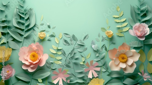 Floral frame background of Plain light blue paper structure background with blank copy space in the middle, on top of the background are smller and bigger daisy blossoms scatterd arround  photo