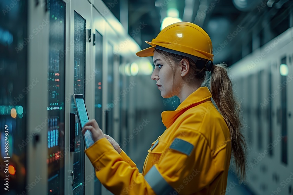 An IT specialist analyzes data while using a tablet in a modern server room during evening hours