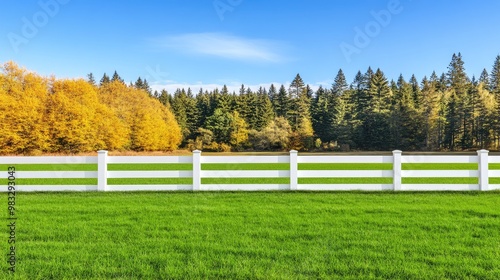 A beautiful horse pasture features a white wooden fence, surrounded by colorful trees in vibrant fall hues against a backdrop of rolling hills under a cloudy sky