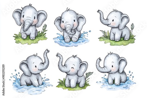 Cute cartoon elephants playing in water and grass, showcasing playful and joyful moments. Perfect for children's themes and designs.