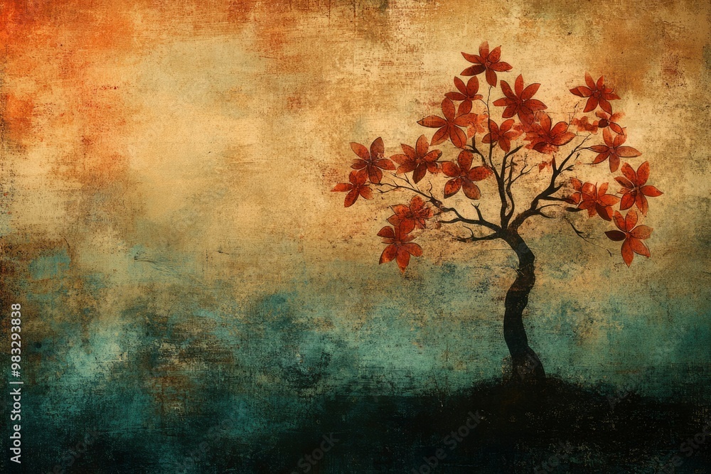 Abstract Painting of a Tree with Red Flowers on a Textured Background Abstract Painting of a Tree with Red Flowers on a Textured Background