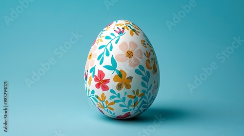 A single Easter egg with a floral pattern on a sky blue background