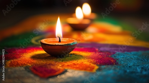 Oil lamps lit on colorful rangoli during diwali celebration