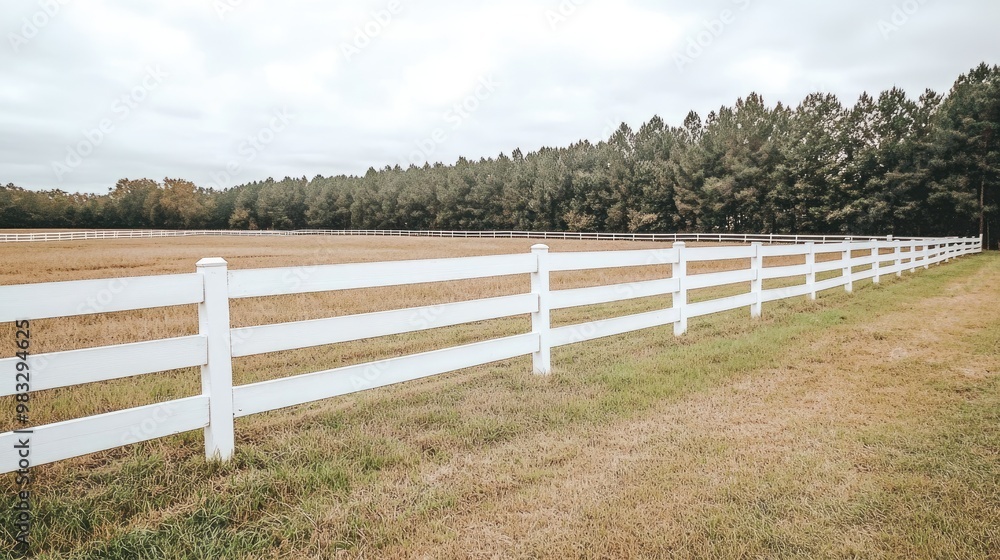 A beautiful horse pasture features a white wooden fence, surrounded by colorful trees in vibrant fall hues against a backdrop of rolling hills under a cloudy sky A beautiful horse pasture features a white wooden fence, surrounded by colorful trees in vibrant fall hues against a backdrop of rolling hills under a cloudy sky