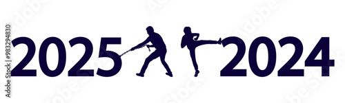 Two men leaving year 2024 behind and entering 2025, silhouette. Vector illustration