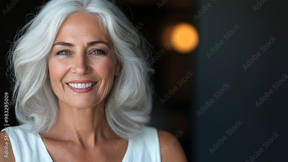 Smiling mature woman with gray hair in a white top