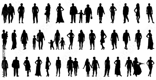 Large group of people standing in different positions, full length silhouette. Vector illustration