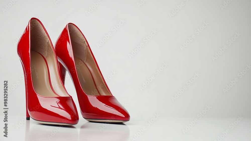 A pair of red women's high-heeled shoes displayed against a white background. The striking red color stands out, emphasizing the shoes' elegant and bold design.
A pair of red women's high-heeled shoes displayed against a white background. The striking red color stands out, emphasizing the shoes' elegant and bold design.