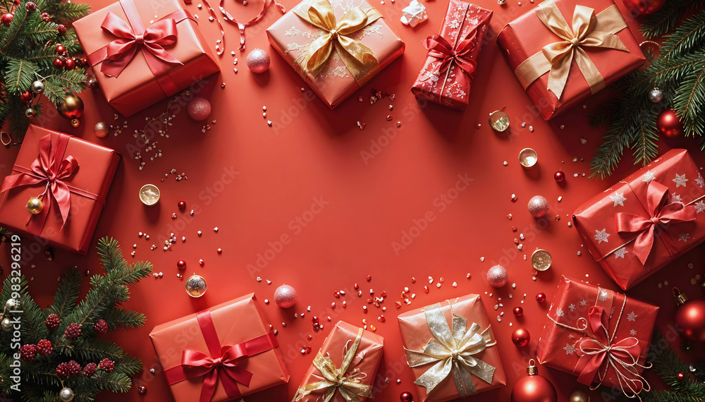 Merry Christmas red template with copy space area, festive background, Christmas gifts concept