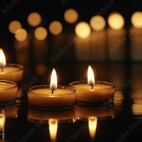 Warm glowing candles on reflective surface creating serene ambiance for relaxation and meditation