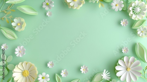 Floral frame background of Plain light blue paper structure background with blank copy space in the middle, on top of the background are smller and bigger daisy blossoms scatterd arround photo