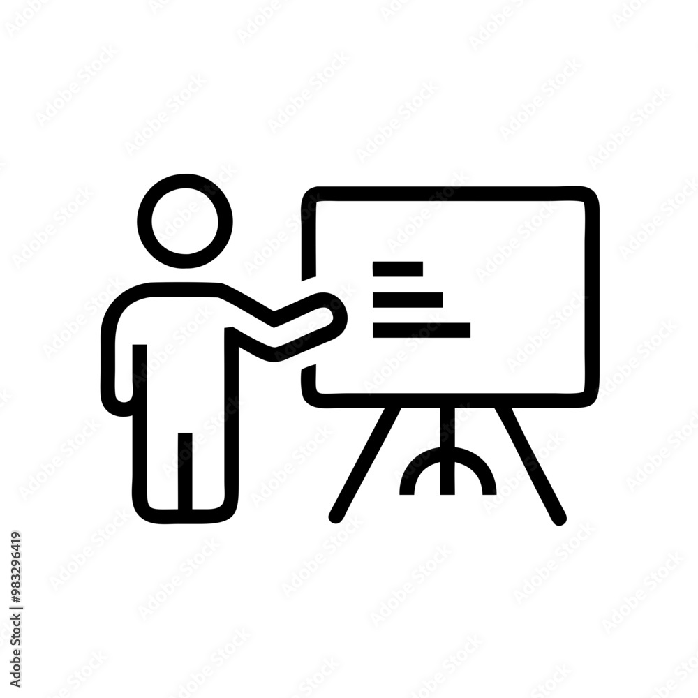 Person giving presentation at board, minimalistic teaching or training icon Person giving presentation at board, minimalistic teaching or training icon