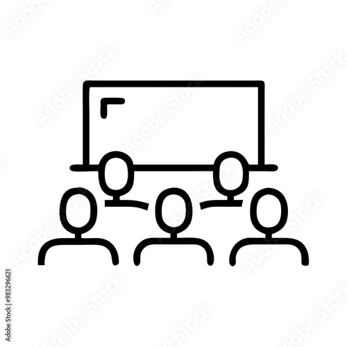 Group of people in front of a whiteboard, minimalistic classroom icon