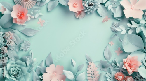 Floral frame background of Plain light blue paper structure background with blank copy space in the middle, on top of the background are smller and bigger daisy blossoms scatterd arround photo