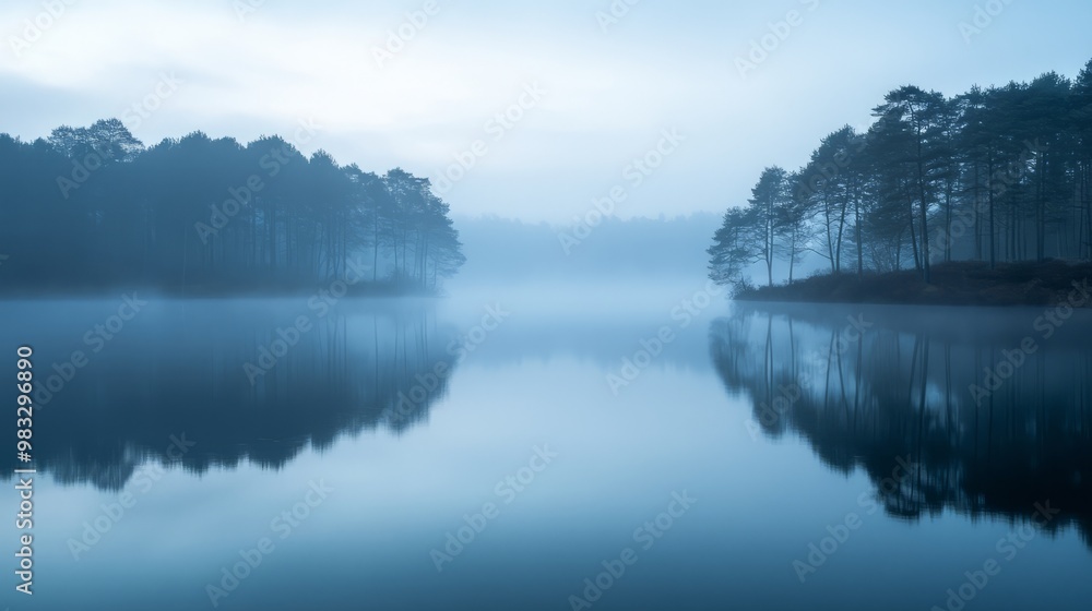 Fototapeta premium Serene Misty Lake with Reflection at Dawn